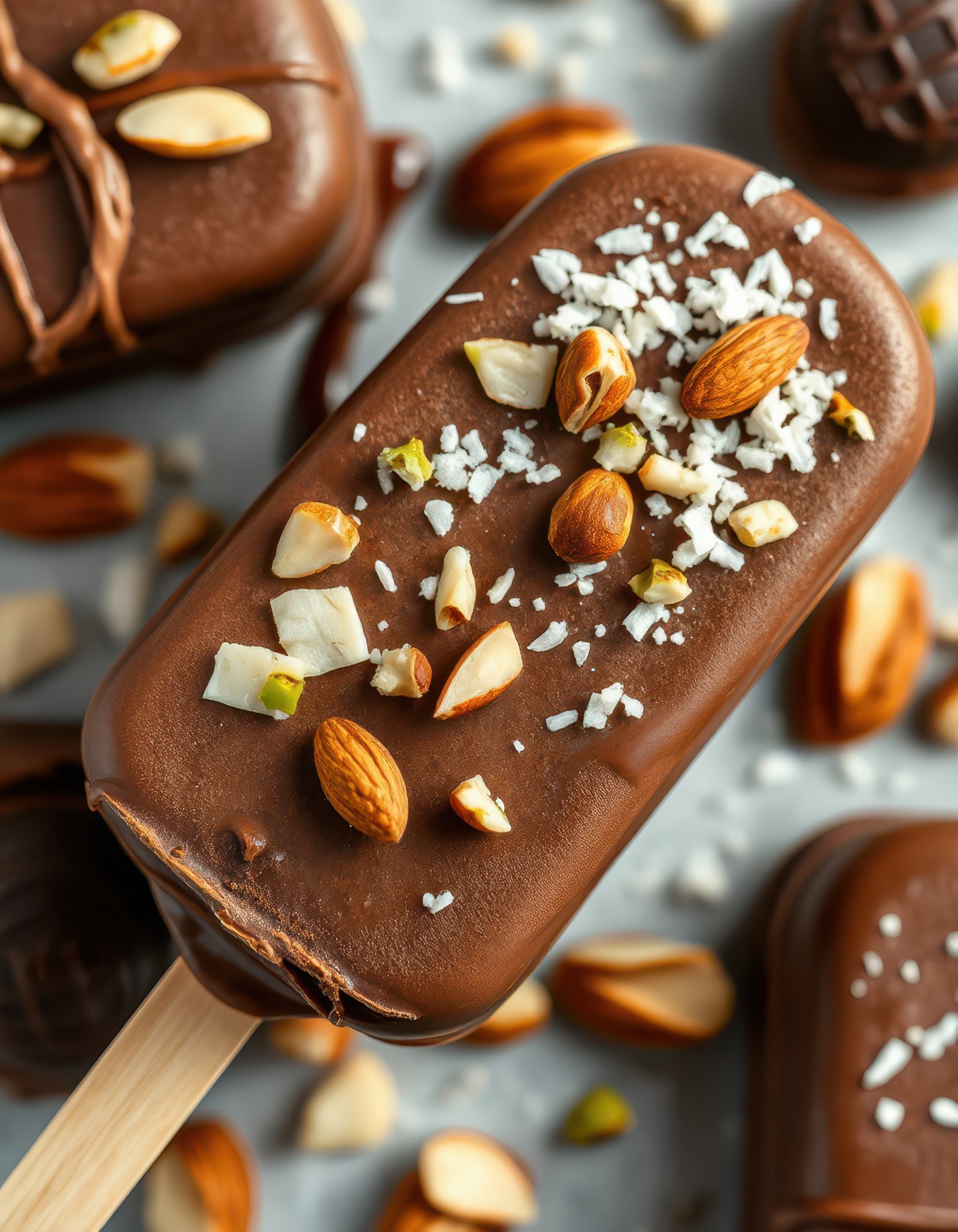 Delightful chocolate almond dessert popsicle topped with nuts served in a summer setting